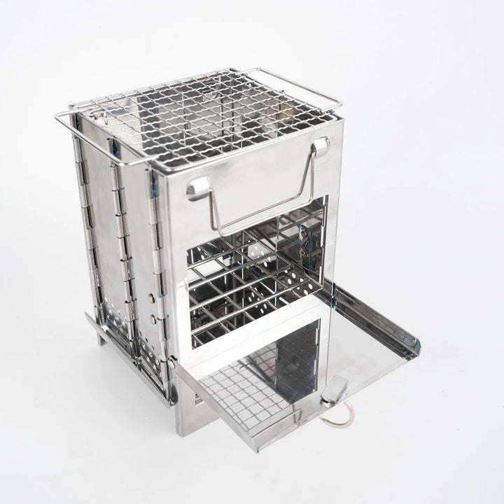 Wood burning portable camping stove made of stainless steel, a multi-fuel outdoor cooking solution