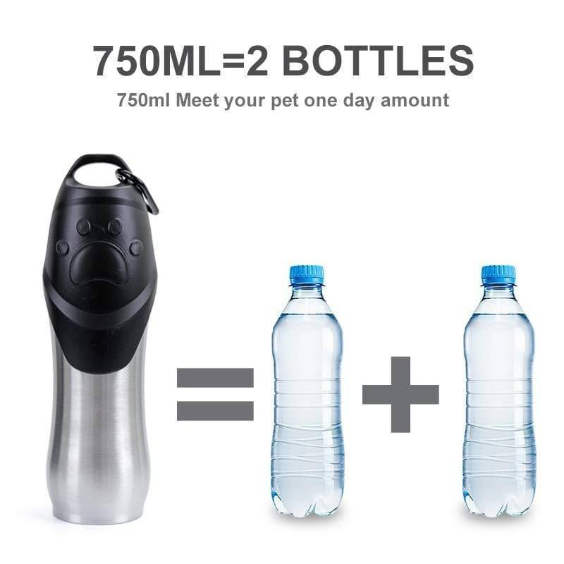 Dog drinking from a portable stainless steel pet water bottle, ideal for outdoor adventures.