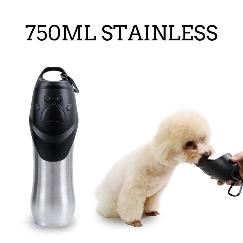 Durable stainless steel pet water bottle with integrated dispenser, great for dog feeding.