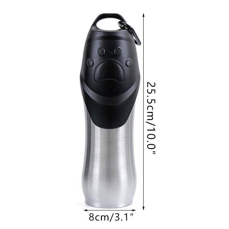 Outdoor pet water bottle, stainless steel and portable, with loop for easy carrying during travel.