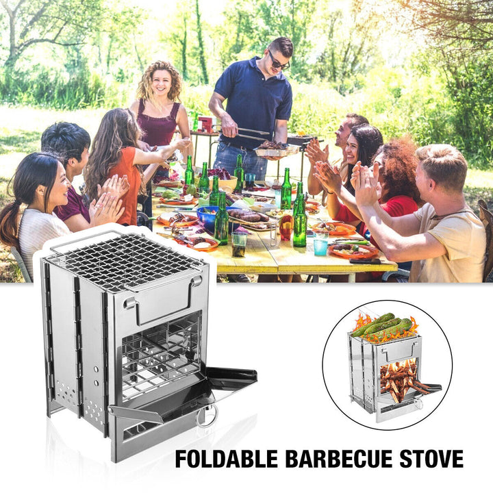 Compact wood burning camping stove, stainless steel design for portable outdoor cooking and grilling