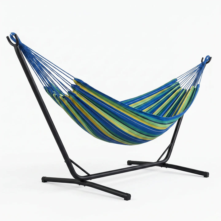 Lightweight striped outdoor hammock, perfect for backyard relaxation, camping trips & garden comfort.