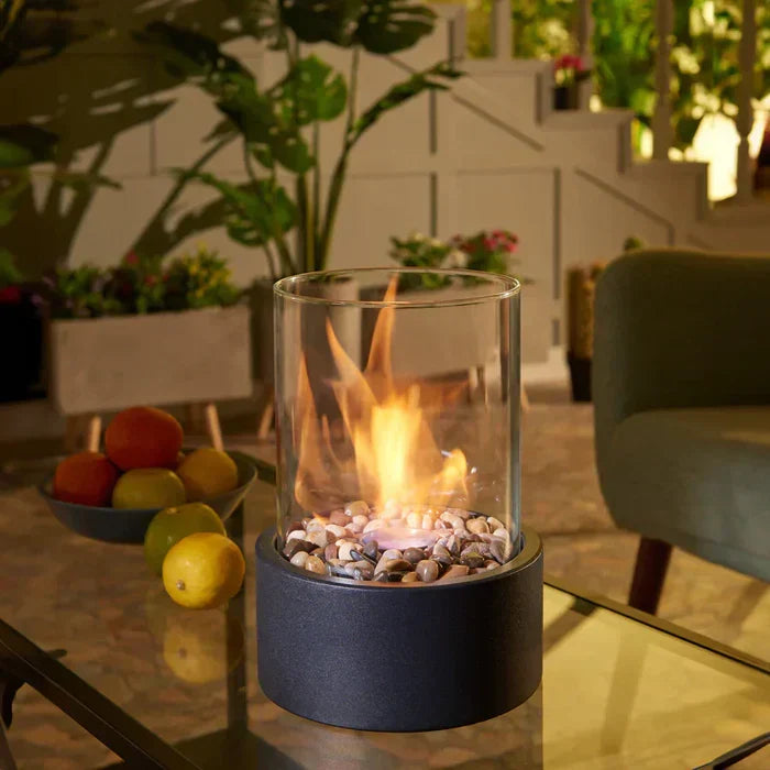 Portable table fire lantern for indoor & outdoor decor; modern patio lighting & ambiance.