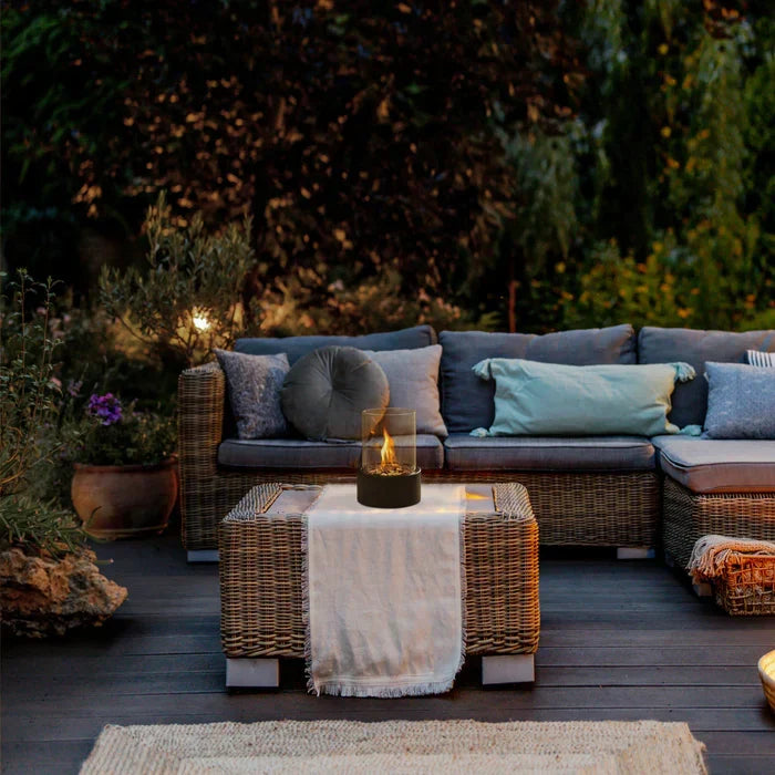 Elegant portable fire lantern, perfect for outdoor patio lighting, garden accents & decor.