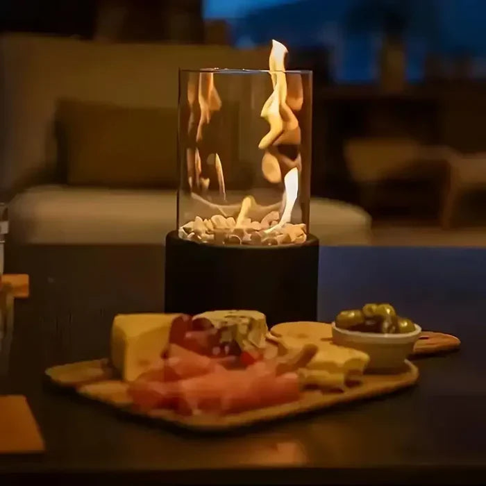 Stylish indoor table fire lantern, a modern flame lamp for home decor ambiance & warmth.