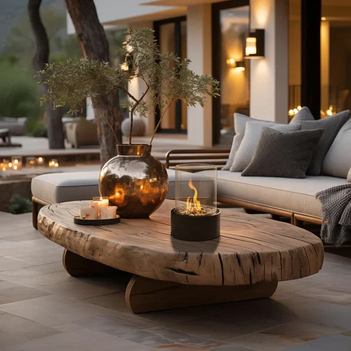 Compact portable table fire lantern, an indoor outdoor flame lamp for a warm, inviting glow.