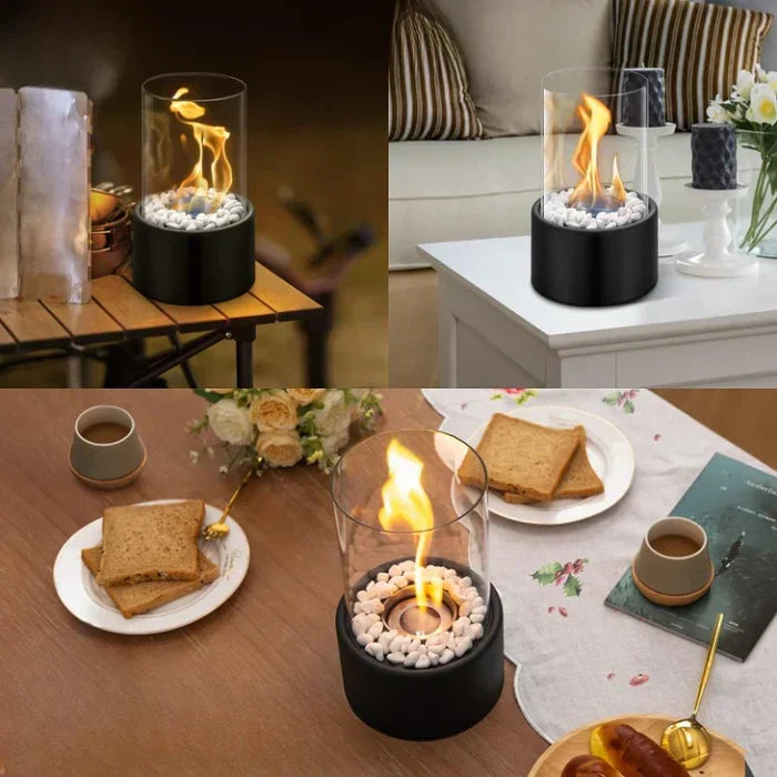 Ambient portable table fire lantern, providing a warm glow for indoor & outdoor lighting.