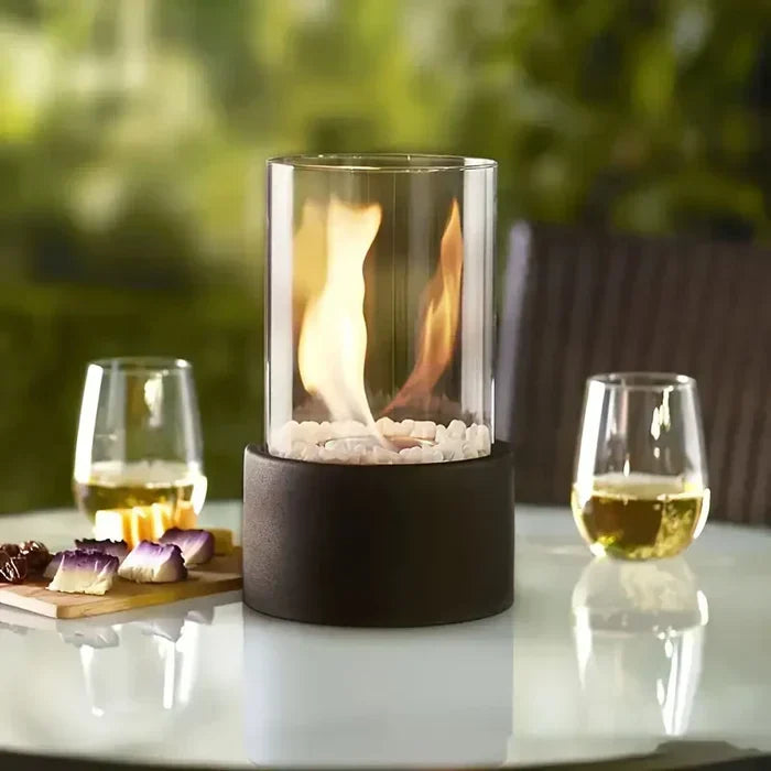 Chic portable table fire lantern, a modern garden accent & indoor decor flame lamp.