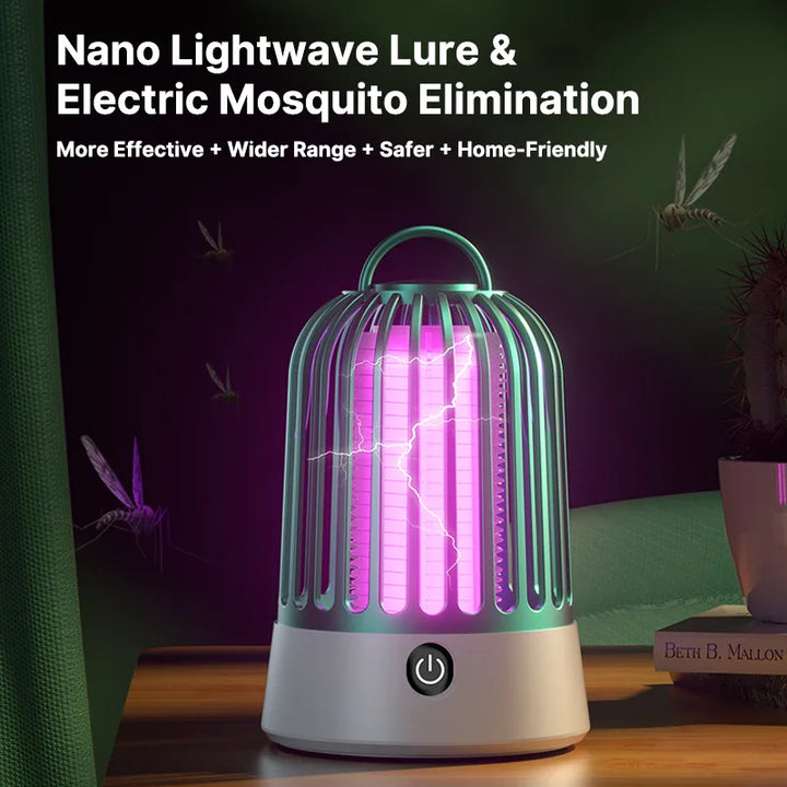Electronic pest control device, a portable UV mosquito killer, shown on a patio at dusk.
