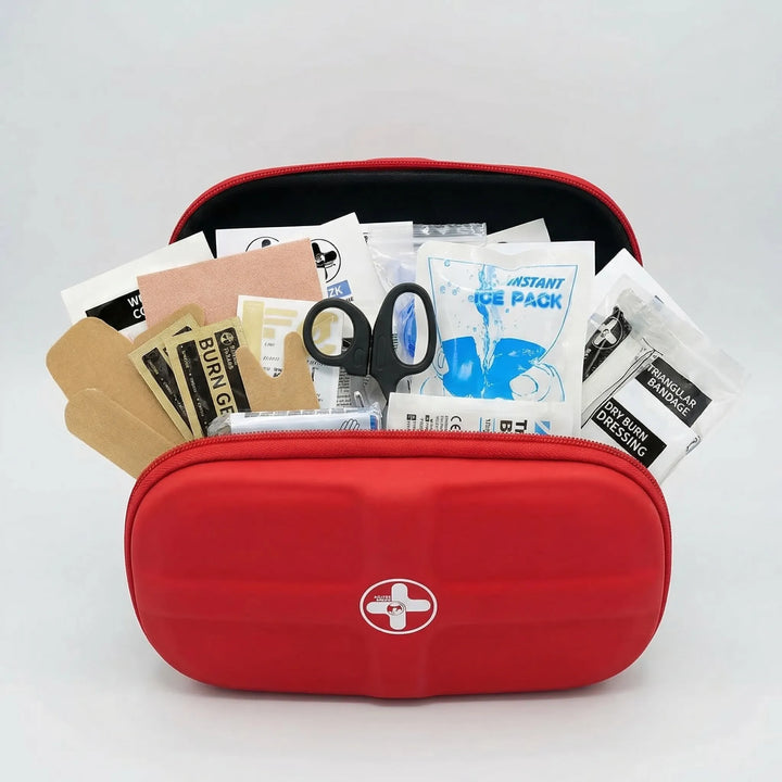 Durable, portable first aid kit with water-resistant casing, perfect for outdoor safety and emergency travel.