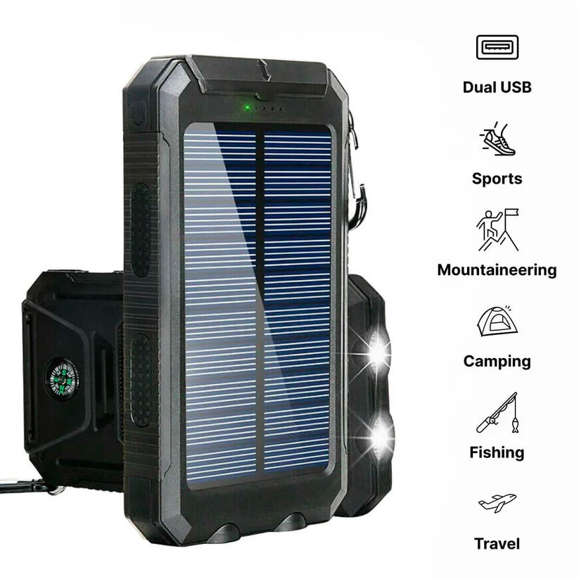 Dual USB ports on portable solar power bank, showing outputs for multiple devices.