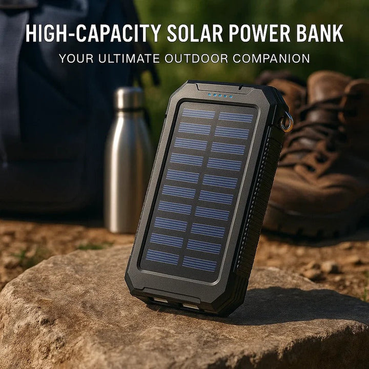 Compact portable external battery solar charger, easy to carry for travel & emergency power.