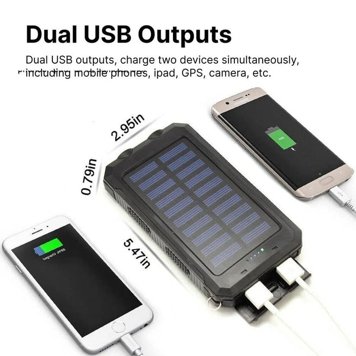 Versatile tech accessory: portable waterproof solar power bank with dual USB ports.