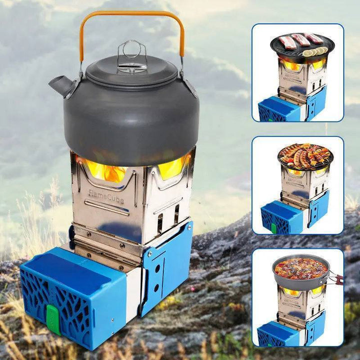 Compact wood-burning camping stove, USB powered for outdoor cooking and hiking