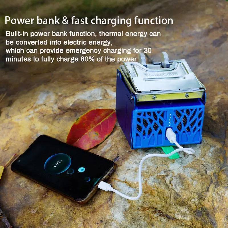 Foldable blue camping stove burning wood, perfect for survival and outdoor grilling
