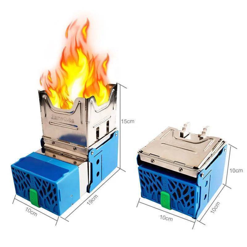 Outdoor cooking setup with blue portable wood stove and grill, USB power feature