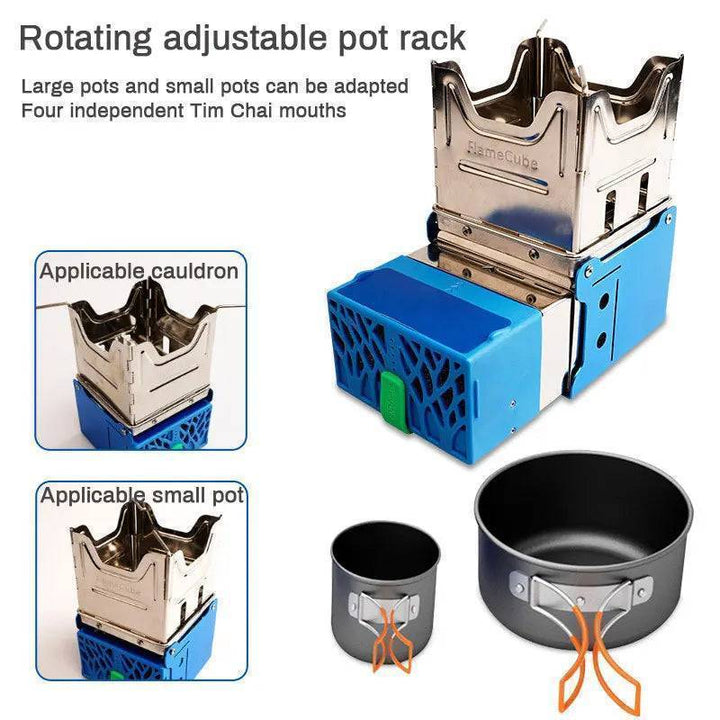 Versatile blue wood-burning camping stove, USB output, perfect for survival gear