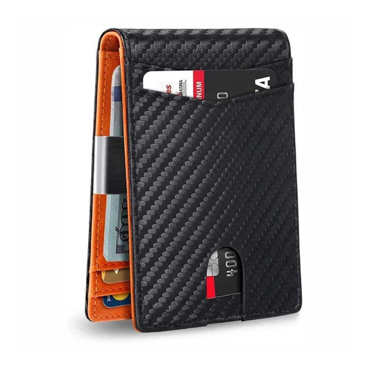 "Portafoglio sottile da uomo con blocco RFID, design elegante in nero, ideale per viaggi, con scomparti carte."