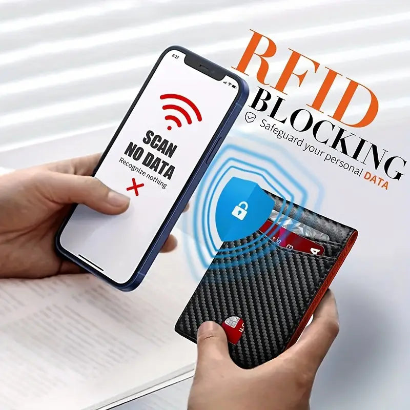 "Portafoglio sottile da uomo con blocco RFID, design elegante in nero, ideale per viaggi, con scomparti carte."