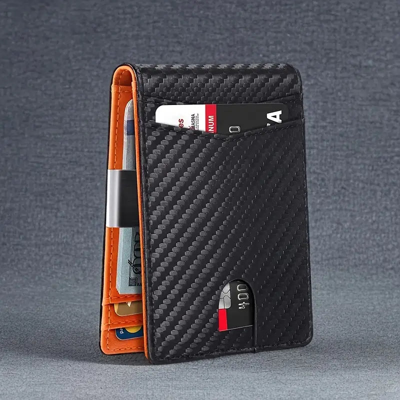 "Portafoglio sottile da uomo con blocco RFID, design elegante in nero, ideale per viaggi, con scomparti carte."