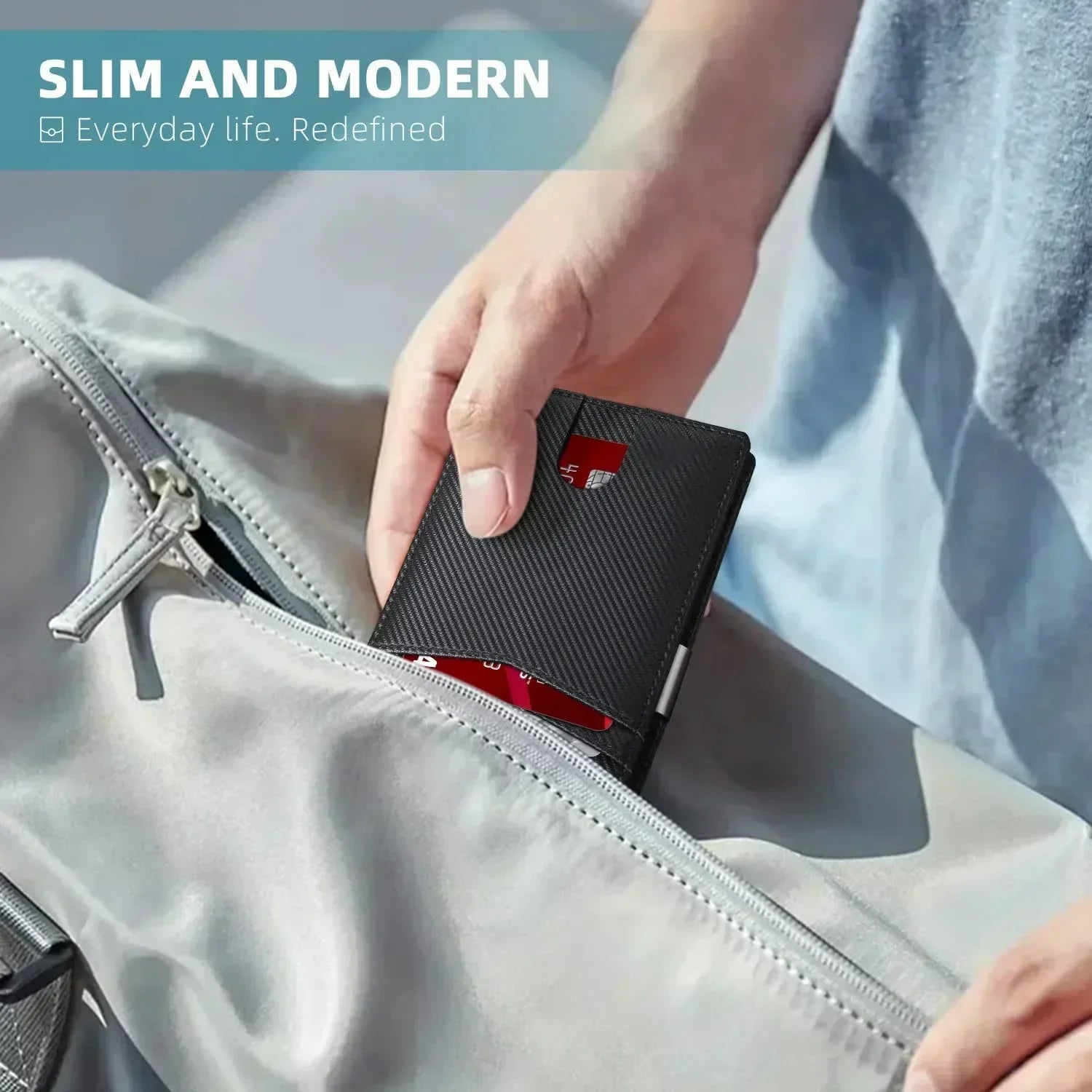 "Portafoglio sottile da uomo con blocco RFID, design elegante in nero, ideale per viaggi, con scomparti carte."