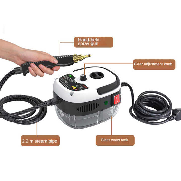 Efficient kitchen steam cleaner, 2500W, tackles tough grime on appliances & surfaces safely.
