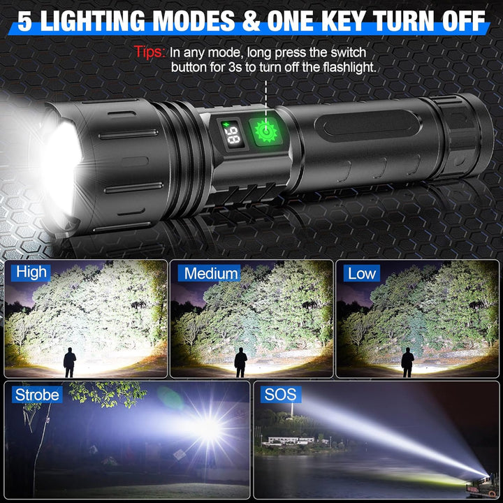 Bright LED emergency flashlight & power bank. High lumen light for outdoor gear, rechargeable & waterproof for survival.