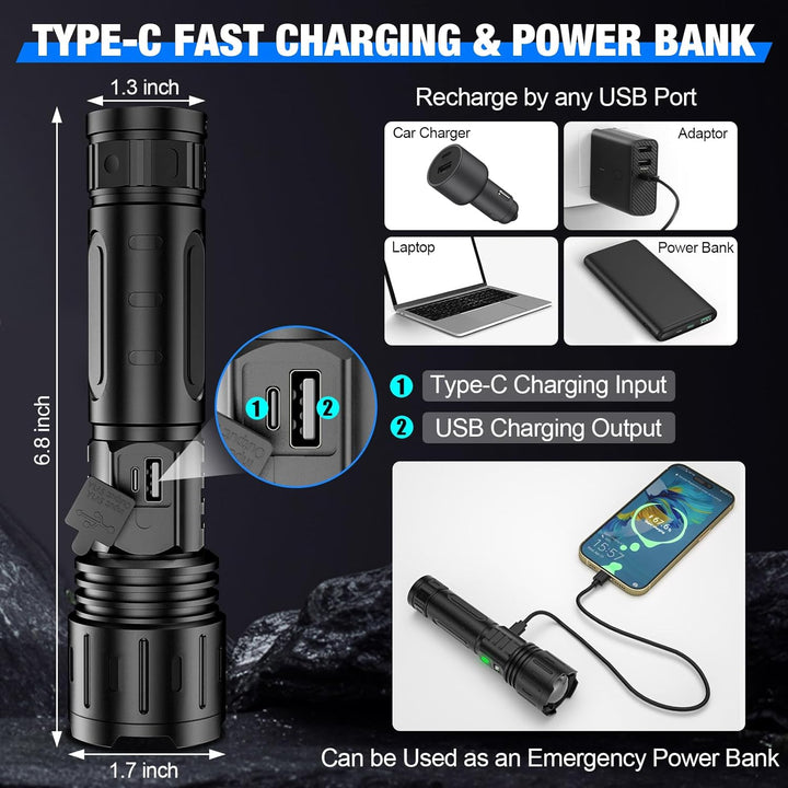 Versatile LED tactical flashlight & power bank. Perfect for camping, hiking, or as an emergency light. Bright & reliable.