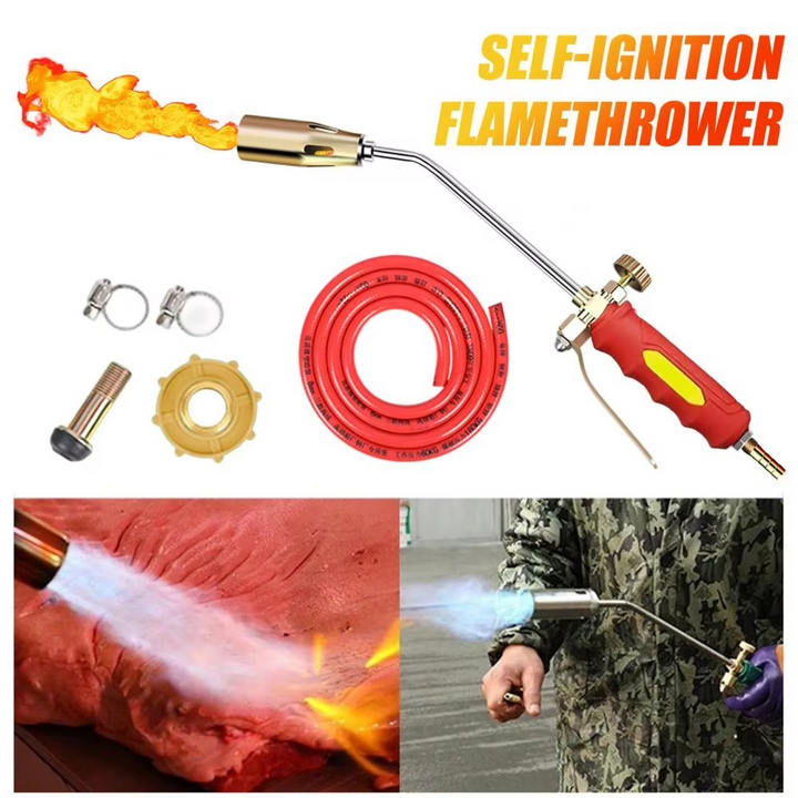 Person using an advanced propane weed torch for effective garden weed control and yard work.