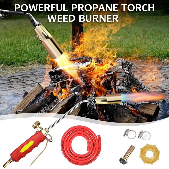 Close-up of a powerful flame weeder nozzle, ideal for eco-friendly weed killing and garden care.