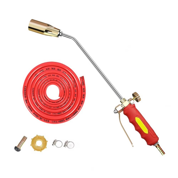 Ergonomic handle of an advanced propane weed torch, designed for comfortable garden weed control.