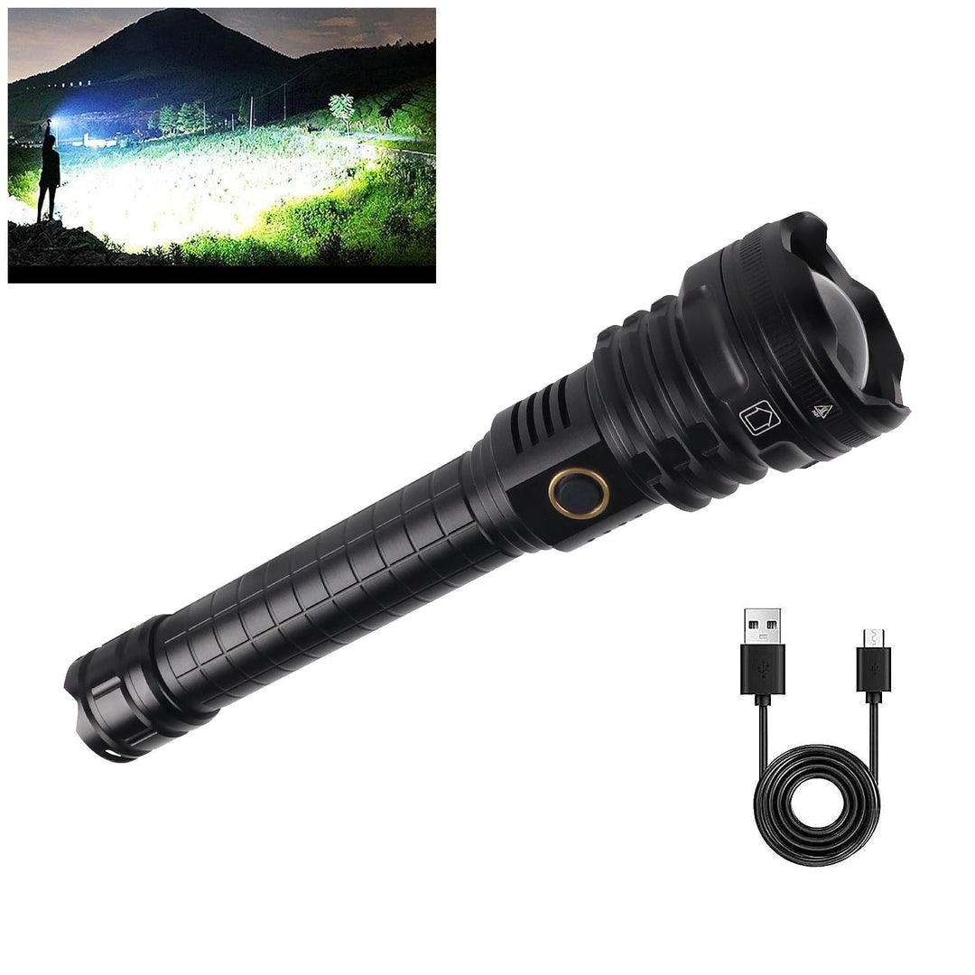 Powerful rechargeable LED flashlight, bright beam for outdoor camping and tactical use