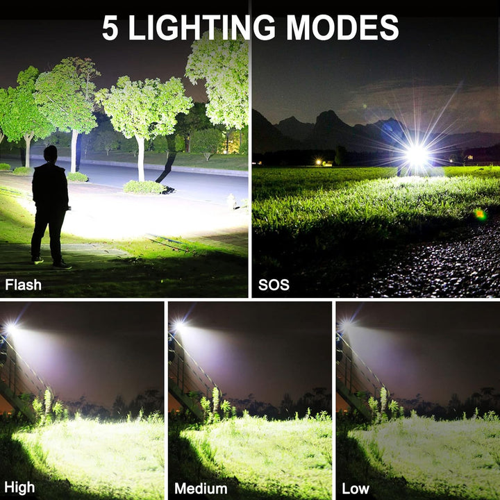 Hands-on view of a rechargeable LED flashlight, essential bright light for camping