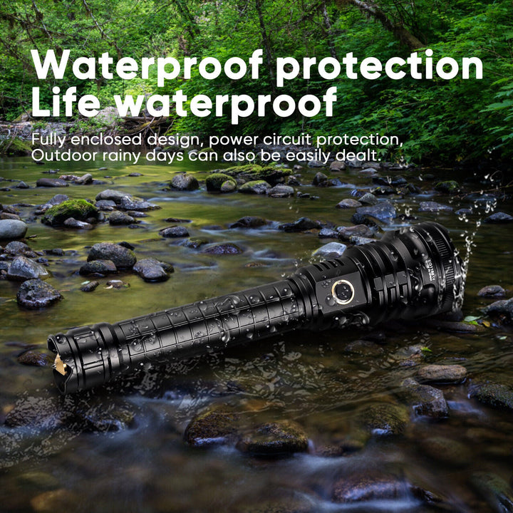 Durable rechargeable LED flashlight next to camping gear, ideal bright light for outdoors