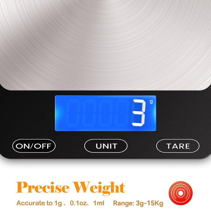 Durable stainless steel digital scale, perfect for accurate kitchen weighing tasks.