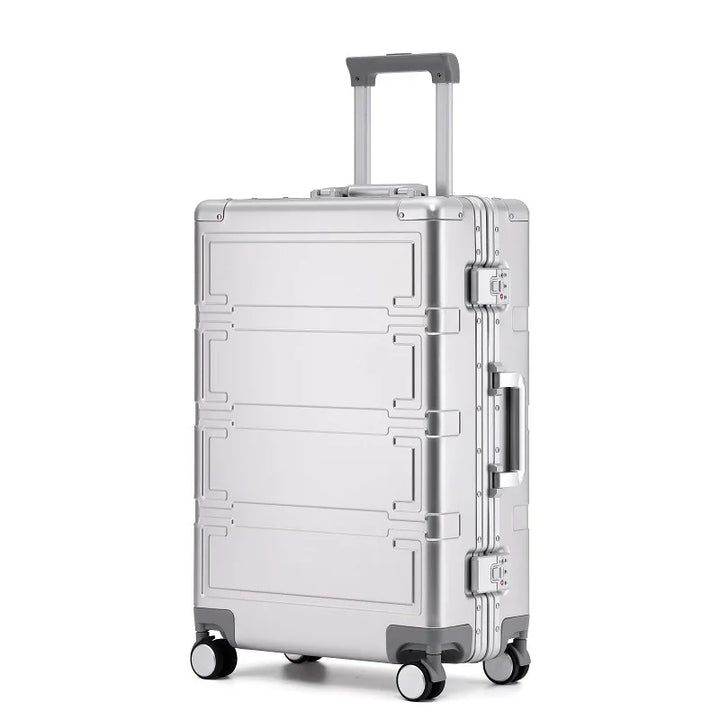 Sleek unisex hardshell aluminum suitcase, features secure TSA lock & 360-degree spinner wheels.