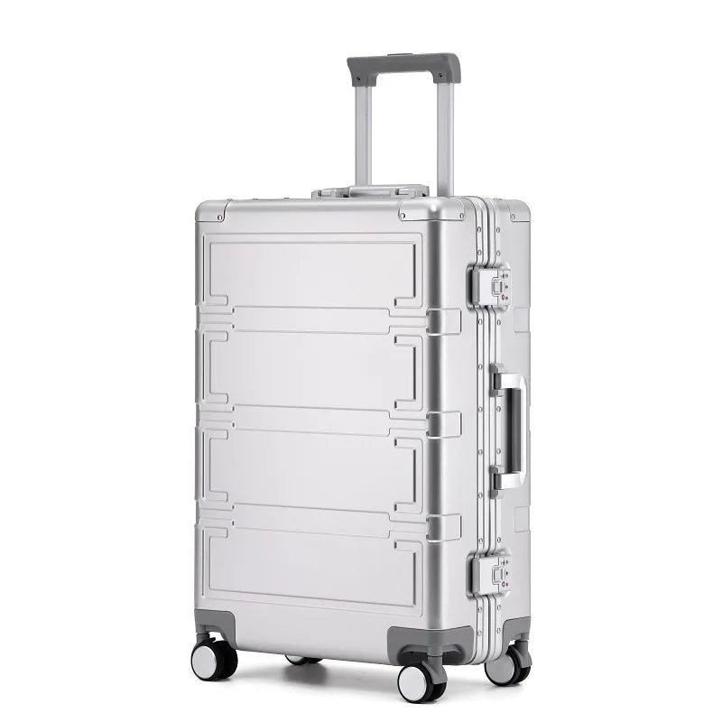 Robust aluminum travel baggage, hardshell design with TSA lock, perfect for secure and stylish trips.