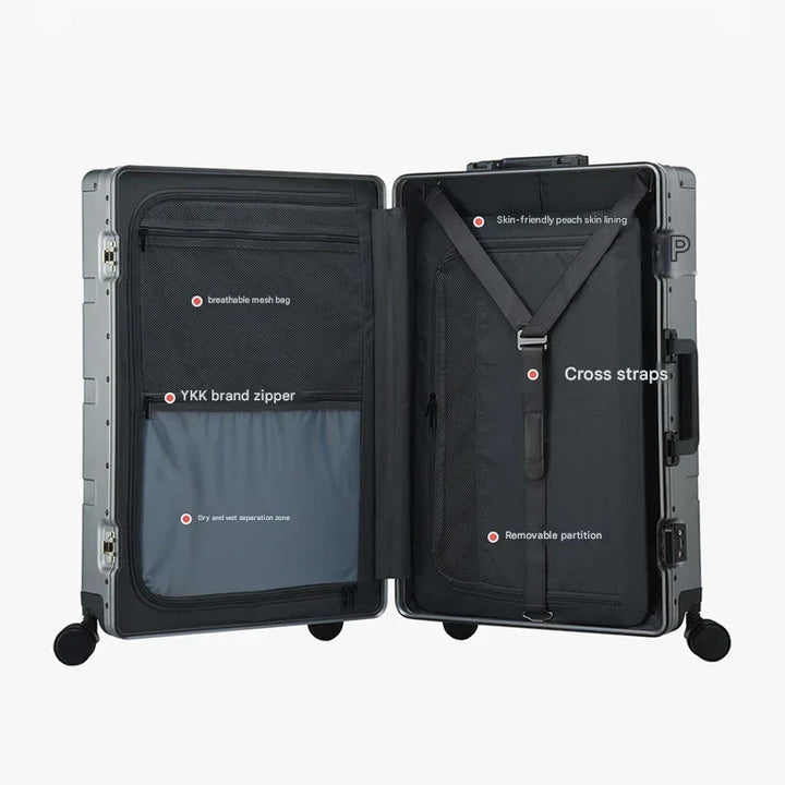 Aluminum hardshell spinner luggage, unisex design with TSA lock, ensures smooth & secure vacation travel.