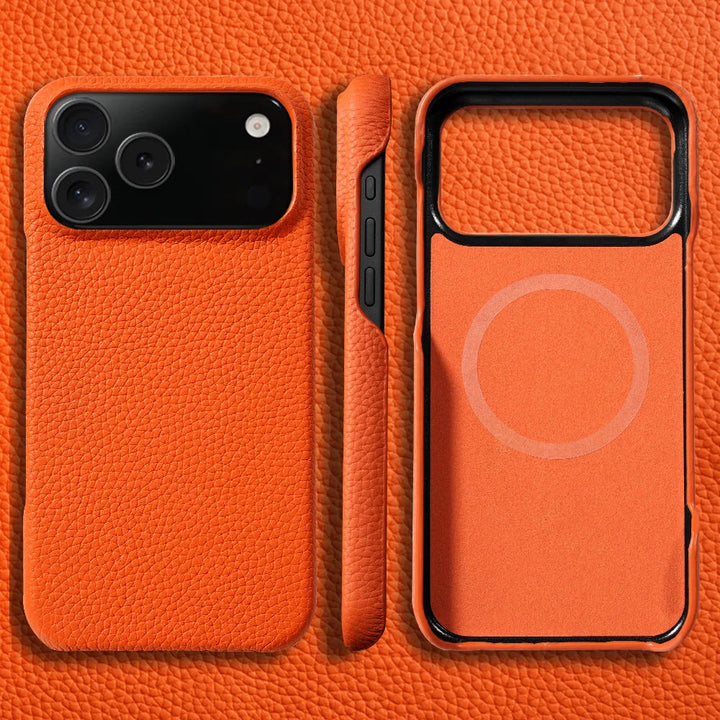 Premium leather iPhone case with MagSafe compatibility, offering stylish protection.