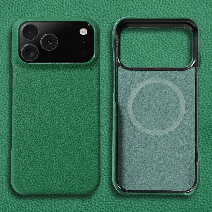 Scratch resistant & shock absorbent premium leather iPhone case, MagSafe compatible protection.