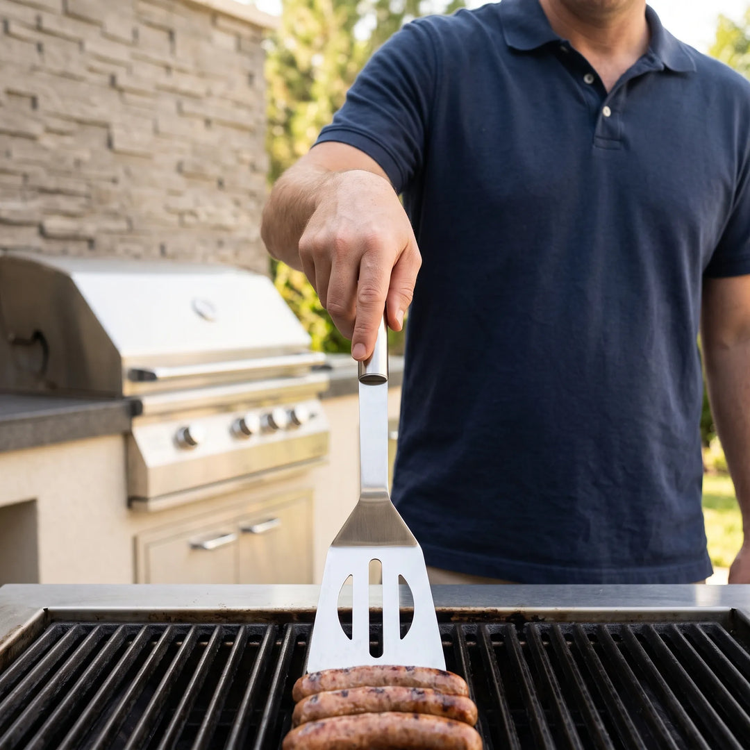 Premium stainless steel BBQ tool set with a durable carry bag, ideal for outdoor cooking, camping, and picnics.
