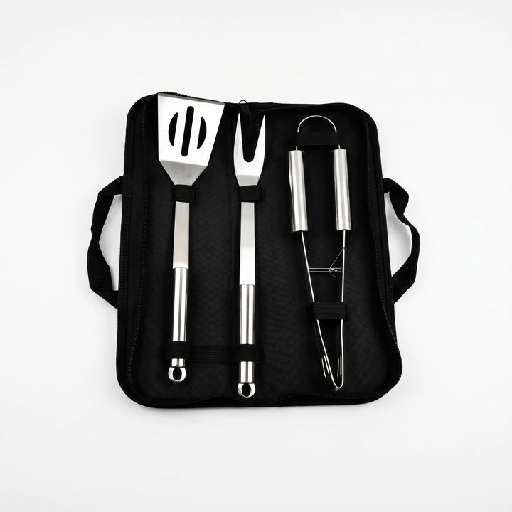 Durable stainless steel grilling set featuring essential BBQ tools for backyard cooking and outdoor adventures.