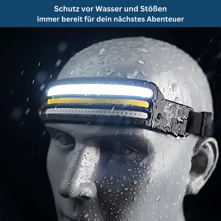 Detail of the ProBeam LED headlamp's easy-to-use power button and battery compartment, designed for convenience.
