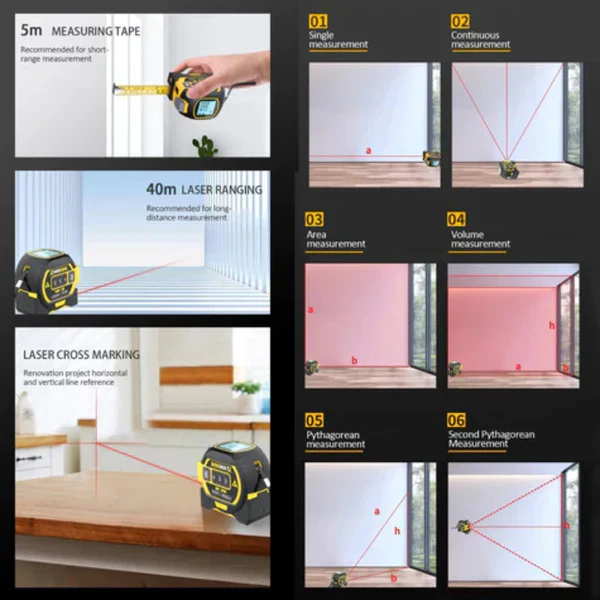 Infrared laser measure with digital display, a versatile 3-in-1 measuring tool for precise construction projects.