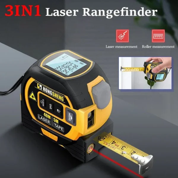 Handheld professional 3-in-1 laser measuring tool, combining infrared tape, digital display for accurate results.