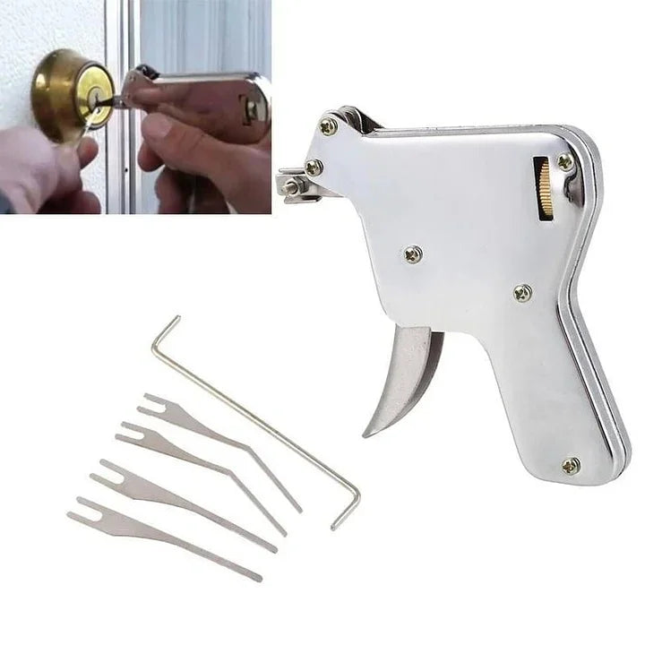 Emergency lock picking kit with various picks, tension wrenches, and bypass tools for quick access situations.