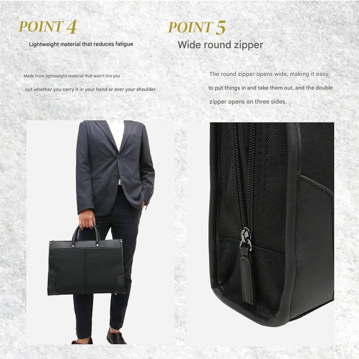 Open professional business briefcase showing organized interior pockets for laptop and documents.