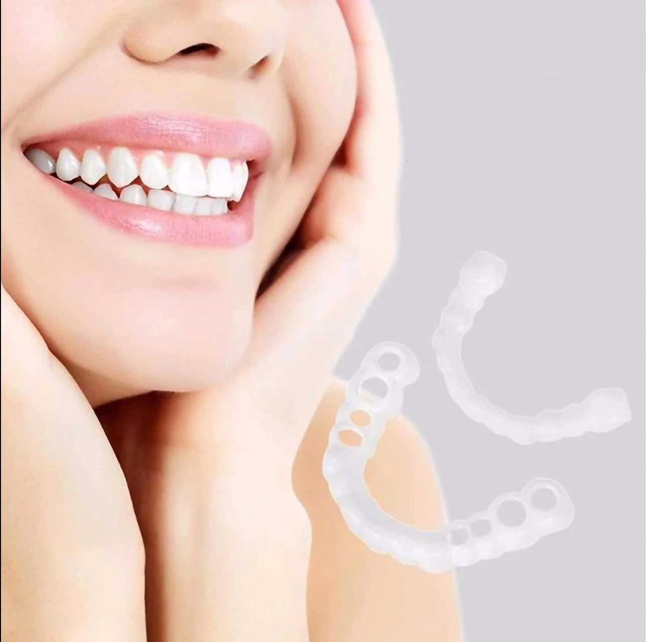 "Protesi dentarie Snap-On regolabili in tono naturale, facili da applicare per migliorare il sorriso senza interventi."