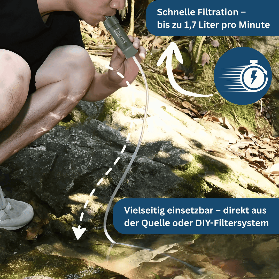 PureStream Mini water filter cleaning water from a stream, showing effectiveness for campers.