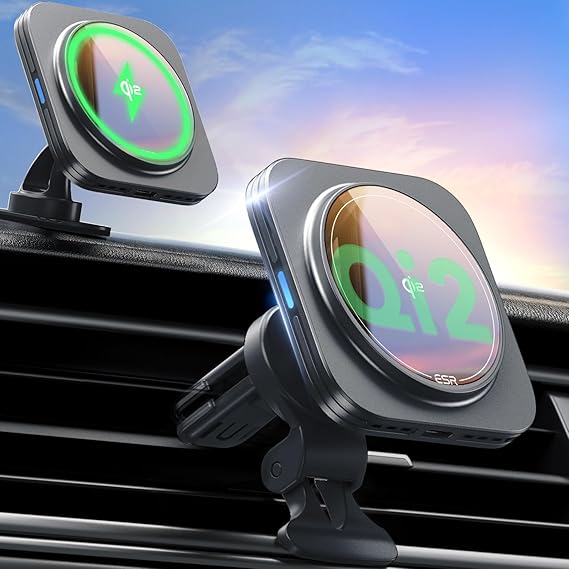Qi2 certified 15W magnetic wireless car charger for iPhone, compatible with MagSafe, dashboard & air vent mount.